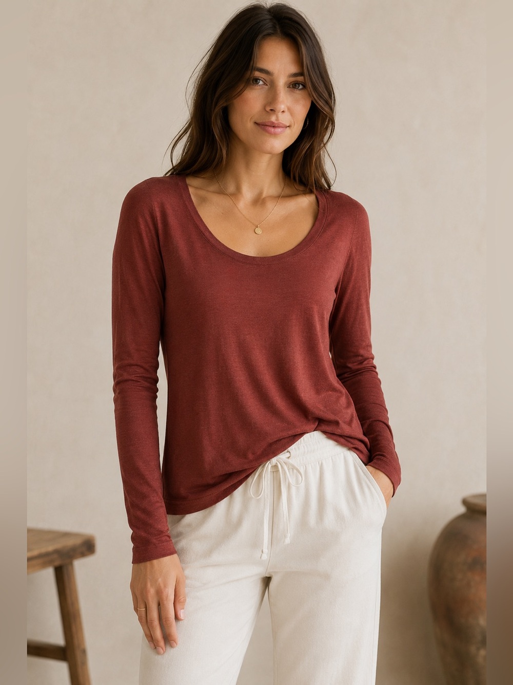 Peruvian Connection Terracotta Scoop Neck Long Sleeve Top Size XS EUC